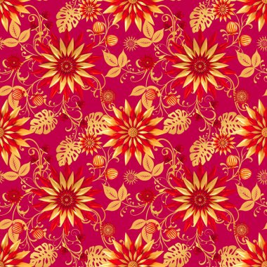 3d render. Altın stilize çiçekler, narin parlak bukleler, paisley element, dikişsiz desen. Oryantal tarzı arabesk. Parlak dantel, Hint salatalık.