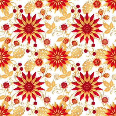 3d render. Altın stilize çiçekler, narin parlak bukleler, paisley element, dikişsiz desen. Oryantal tarzı arabesk. Parlak dantel, Hint salatalık.