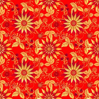 3d render. Altın stilize çiçekler, narin parlak bukleler, paisley element, dikişsiz desen. Oryantal tarzı arabesk. Parlak dantel, Hint salatalık.