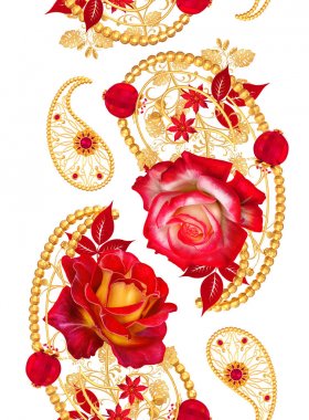 Eleman Paisley Hint salatalık. Altın boncuk dokuma, bukleler, stilize köpüklü çiçekler, kırmızı güller ve ışıltılı yaprakları çiçek düzenlemesi. Floral Dikişsiz desen