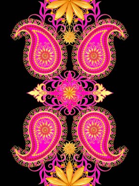 3d render. Altın stilize çiçekler, narin parlak bukleler, paisley element, dikişsiz desen. Oryantal tarzı arabesk. Parlak dantel, Hint salatalık.