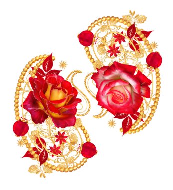 Eleman Paisley Hint salatalık. Altın boncuk dokuma, bukleler, stilize köpüklü çiçekler, izole. Kırmızı güller ve ışıltılı yaprakları çiçek aranjman.