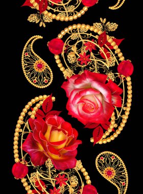 Eleman Paisley Hint salatalık. Altın boncuk dokuma, bukleler, stilize köpüklü çiçekler, kırmızı güller ve ışıltılı yaprakları çiçek düzenlemesi. Floral Dikişsiz desen