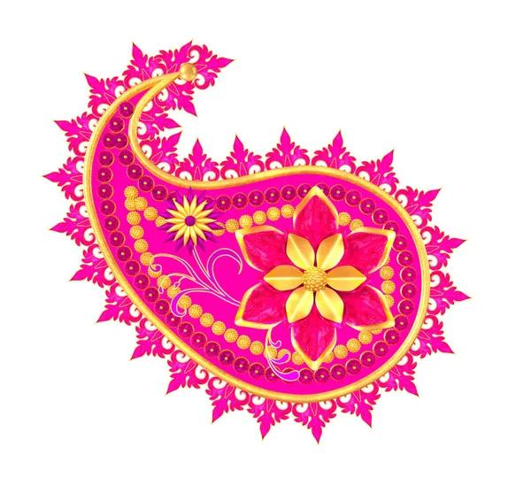 Элемент Paisley Индийский Огурец Золотистая Траектория Стилизованные Искрящиеся Цветки Изолированные — стоковое фото