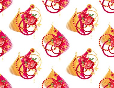 3d render. Altın hasır şık daireler, bir zincir takı, kolye. Kırmızı gül çiçek aranjmanı, dikişsiz çiçek deseni.