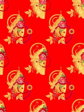 3d render. Altın hasır şık daireler, bir zincir takı, kolye. Kırmızı gül çiçek aranjmanı, dikişsiz çiçek deseni.