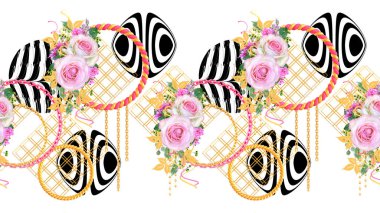 3d render. Altın hasır şık daireler, bir zincir takı, kolye. Pembe gülçiçek aranjmanı, dikişsiz çiçek deseni.