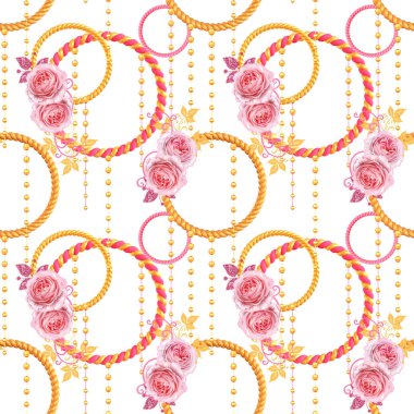 3d render. Altın hasır şık daireler, bir zincir takı, kolye. Kusursuz desen. Nazik pembe güller, yaprak element paisley.