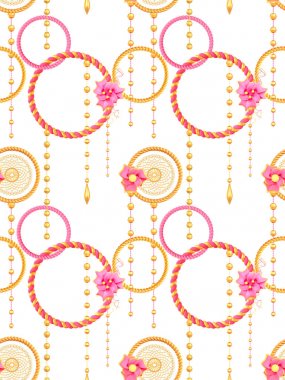 3d render. Altın hasır şık daireler, bir zincir takı, kolye. Dikişsiz desen.