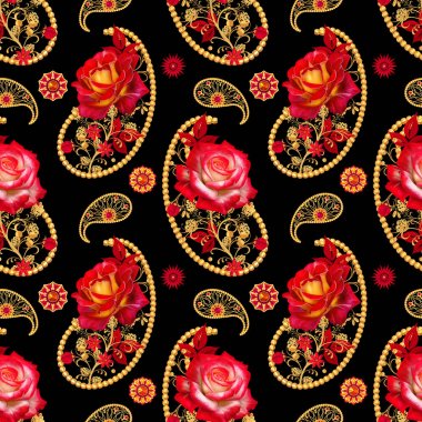 Element paisley hint hıyarı. Altın iz dokuma, bukleler, kırmızı gül ve pırıl pırıl yaprakları çiçek düzenleme. Çiçek dikişsiz desen. 3d render