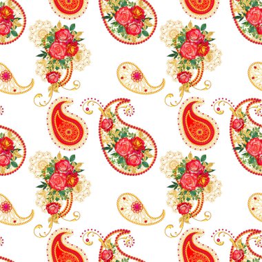 Element paisley hint hıyarı. Altın iz dokuma, bukleler, kırmızı gül ve pırıl pırıl yaprakları çiçek düzenleme. Çiçek dikişsiz desen. 3d render