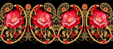 Element paisley hint hıyarı. Altın iz dokuma, bukleler, kırmızı gül ve pırıl pırıl yaprakları çiçek düzenleme. Çiçek dikişsiz desen. 3d render