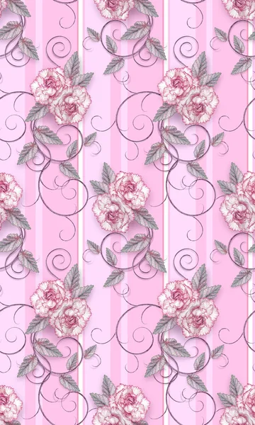 Arreglo Floral Delicadas Rosas Rosadas Hojas Lila Rizos Calados Estilo —  Fotos de Stock