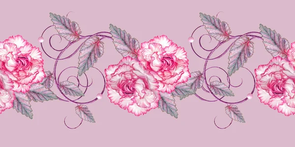 Aranżacja Kwiatów Delikatnych Różowych Róż Liściach Liliowych Ażelowych Loki Rocznika — Zdjęcie stockowe