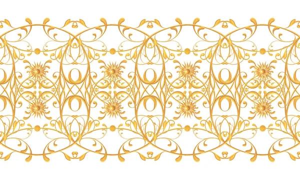 シームレスなパターン 金色のテクスチャカール オリエンタルスタイルのアラベスク 華麗なレース 様式化された花 繊細な3Dレンダリングを織るオープンワーク — ストック写真