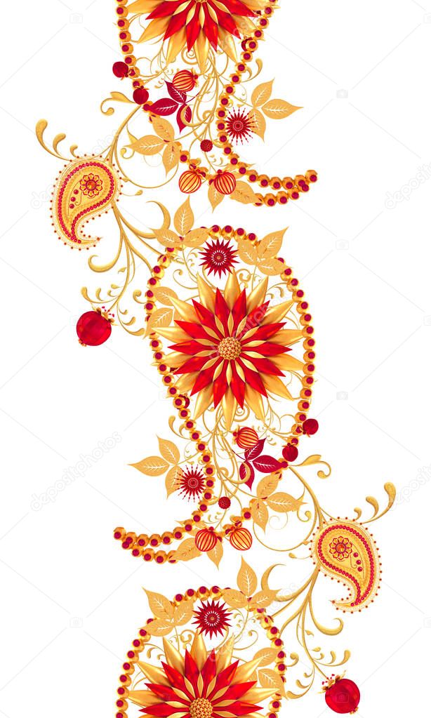 Element paisley indian cucumber. Golden tracery weaving, stylized sparkling flowers, isolated. 3d rendering.