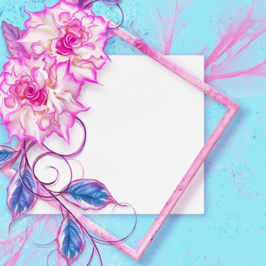 Tebrik kartı. Narin pembe leylak gül, bukleler ve parlak yaprakları, kare çerçeve, vintage retro tarzı Çiçek düzenleme.