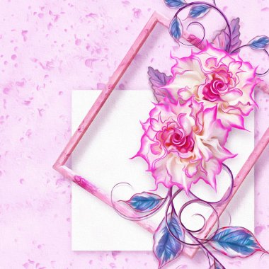Tebrik kartı. Narin pembe leylak gül, bukleler ve parlak yaprakları, kare çerçeve, vintage retro tarzı Çiçek düzenleme.
