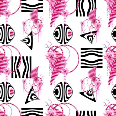 3d render. Gümüş, altın ip, zincir takı, modern soyut çizgili, pembe vintage gül çiçek düzenleme gümüş, parlak hasır daireler. Dikişsiz çiçek deseni.