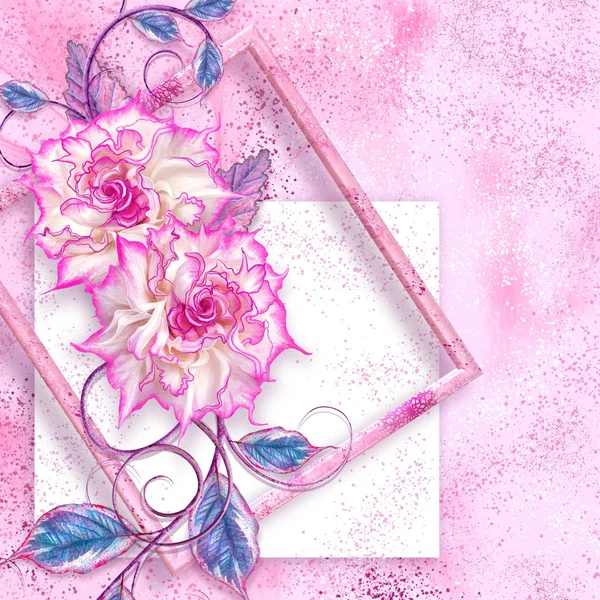 细腻的粉红色丁香玫瑰 卷发和明亮的叶子 方形框架 复古风格的花卉布置 — 图库照片