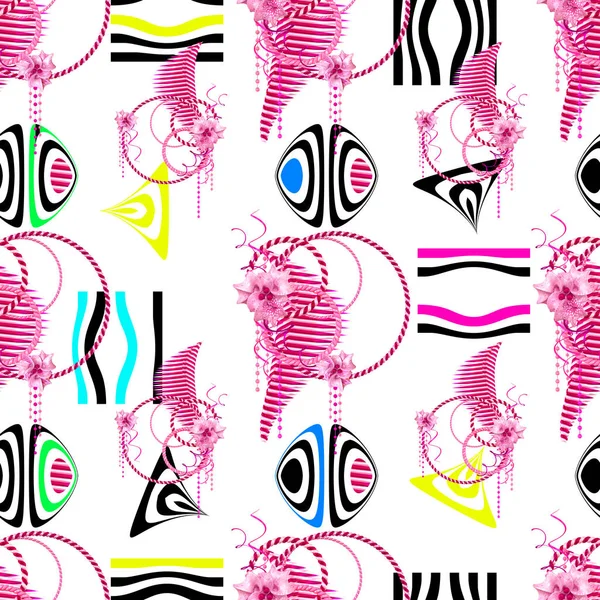 3d render. Gümüş, altın ip, zincir takı, modern soyut çizgili, pembe vintage gül çiçek düzenleme gümüş, parlak hasır daireler. Dikişsiz çiçek deseni.