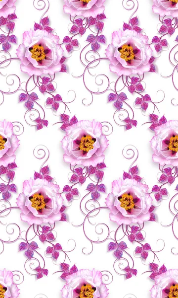 Blomsterarrangemang Delikat Rosa Träd Pion Lila Löv Genombrutna Lockar Vintage — Stockfoto