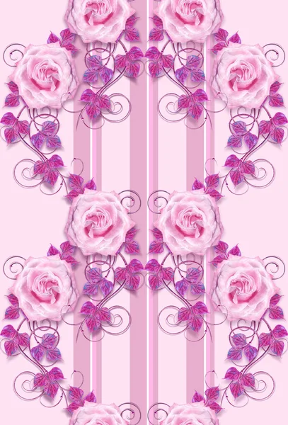 Flower Arrangement Delicate Pink Roses Lilac Leaves Openwork Curls Vintage — Stock Photo, Image