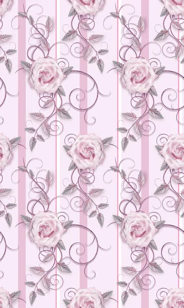 细腻的粉红色玫瑰 丁香叶 开放式卷发 复古风格 无缝花卉图案 柔和的色彩垂直条纹的花卉布置 — 图库照片