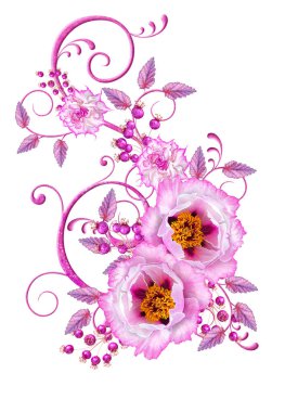 Narin pembe güller, leylak yaprakları, openwork bukleler, vintage retro tarzı çiçek aranjmanı. Beyaz arka planda yalıtılmış.