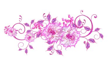 Narin pembe güller, leylak yaprakları, openwork bukleler, vintage retro tarzı çiçek aranjmanı. Beyaz arka planda yalıtılmış.