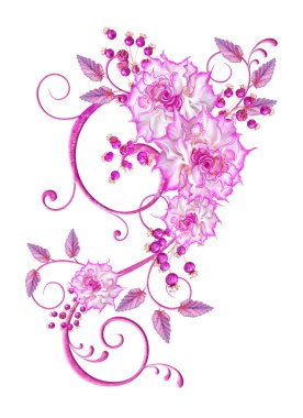 Narin pembe güller, leylak yaprakları, openwork bukleler, vintage retro tarzı çiçek aranjmanı. Beyaz arka planda yalıtılmış.