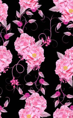 Menekşe, paisley elementi olan pembe çiçekler, narin bukleler, parlak yapraklar, çilek çiçeklenmeleri. Çiçek dikişsiz desen.