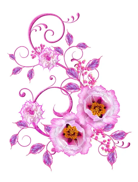 Flower Arrangement Delicate Pink Roses Lilac Leaves Openwork Curls Vintage — Stock Photo, Image