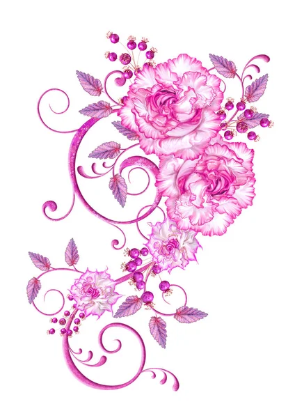 Квіткова Композиція Ніжних Рожевих Троянд Листя Бузку Ажурні Завитки Вінтажний — стокове фото