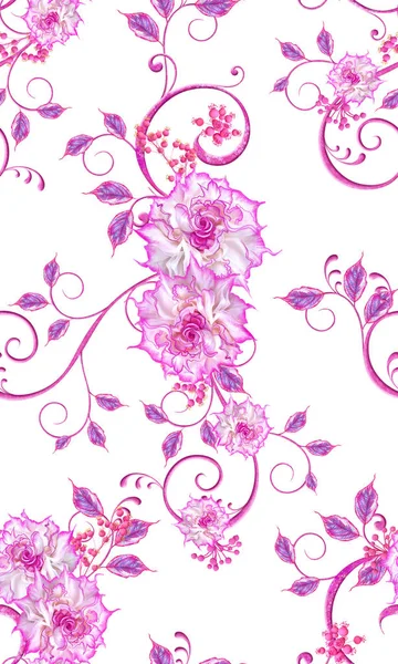 Fiori Viola Rosa Con Elemento Paisley Riccioli Delicati Foglie Luminose — Foto Stock