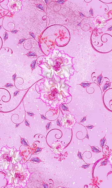 Violet, pink flowers with a paisley element, delicate curls, bright leaves, inflorescences of berries. Floral seamless pattern.