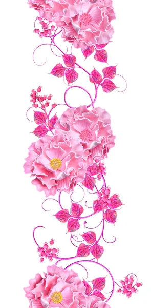 Flores Violetas Rosa Com Elemento Paisley Cachos Delicados Folhas Brilhantes — Fotografia de Stock