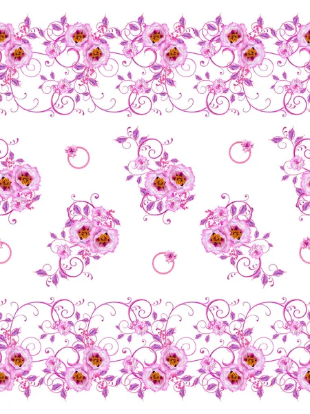 Flowers with the element of paisley, purple, pink shiny circles, openwork curls. Floral seamless pattern.