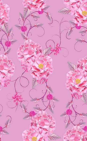 Violeta Flores Rosadas Con Elemento Paisley Rizos Delicados Hojas Brillantes —  Fotos de Stock