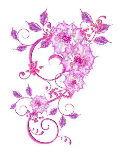 Flower Arrangement Delicate Pink Roses Lilac Leaves Openwork Curls Vintage — Stock Photo, Image