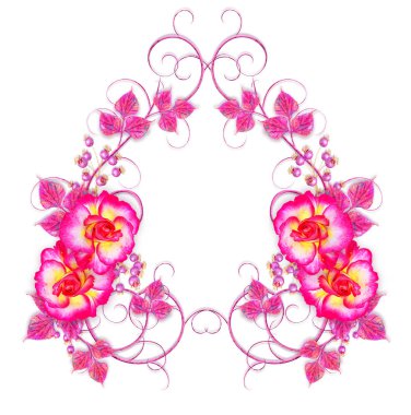 Narin pembe güller, leylak yaprakları, openwork bukleler, vintage retro tarzı çiçek aranjmanı. Beyaz arka planda yalıtılmış.