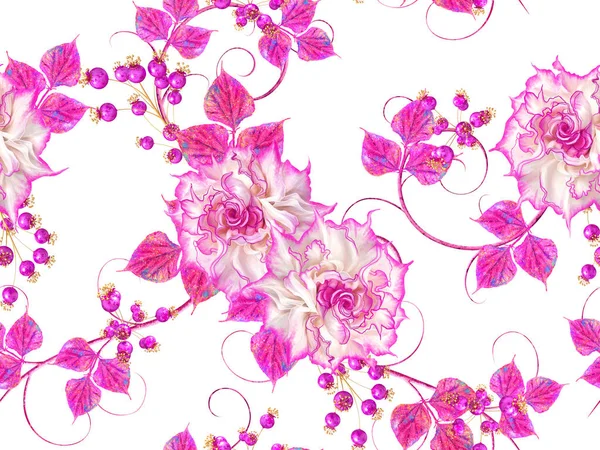 Fiori Viola Rosa Con Elemento Paisley Riccioli Delicati Foglie Luminose — Foto Stock