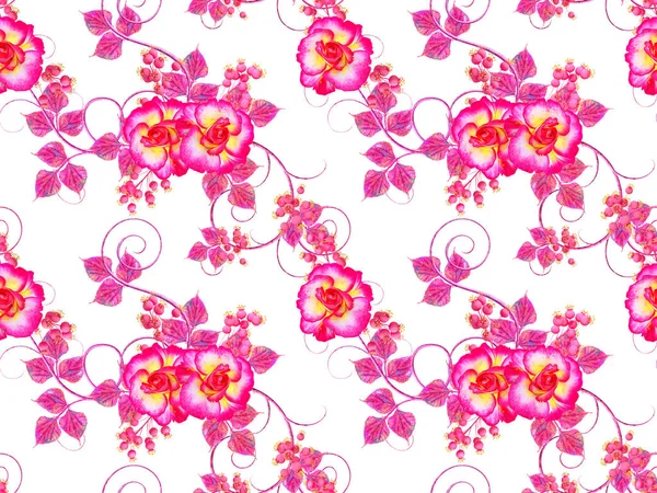 Violet Roze Bloemen Met Een Paisley Element Delicate Krullen Heldere — Stockfoto