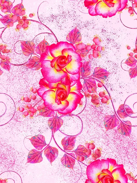 Fiori Viola Rosa Con Elemento Paisley Riccioli Delicati Foglie Luminose — Foto Stock