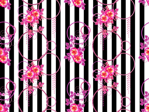 Flowers with the element of paisley, purple, pink shiny circles, openwork curls. Floral seamless pattern. Black and white vertical stripes.