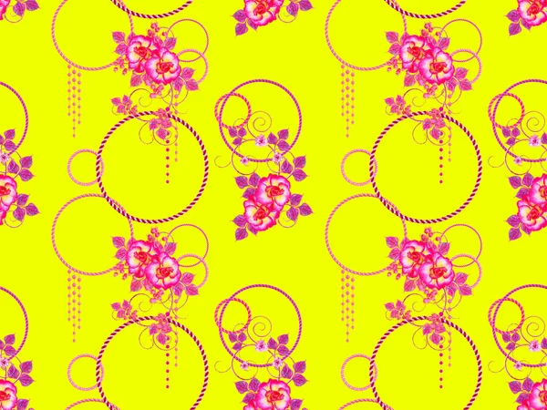 Flowers with the element of paisley, purple, pink shiny circles, openwork curls. Floral seamless pattern.