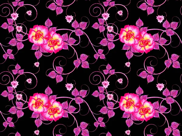 Violette Fleurs Roses Avec Élément Paisley Boucles Délicates Feuilles Brillantes — Photo