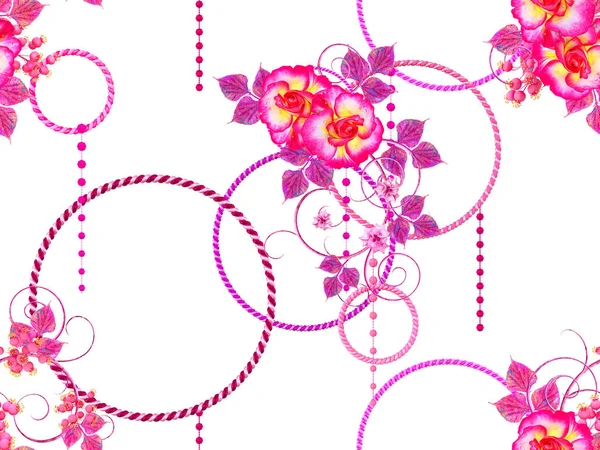 Flores Com Elemento Paisley Roxo Rosa Círculos Brilhantes Cachos Ornamento — Fotografia de Stock