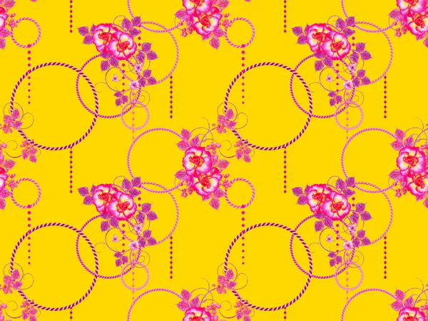 Flowers with the element of paisley, purple, pink shiny circles, openwork curls. Floral seamless pattern.