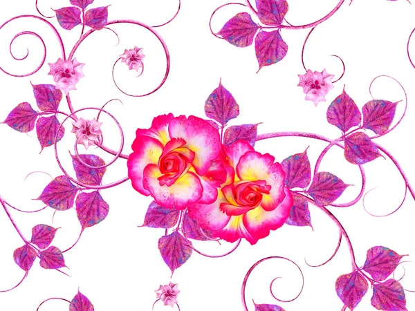 Violet, pink flowers with a paisley element, delicate curls, bright leaves, inflorescences of berries. Floral seamless pattern.